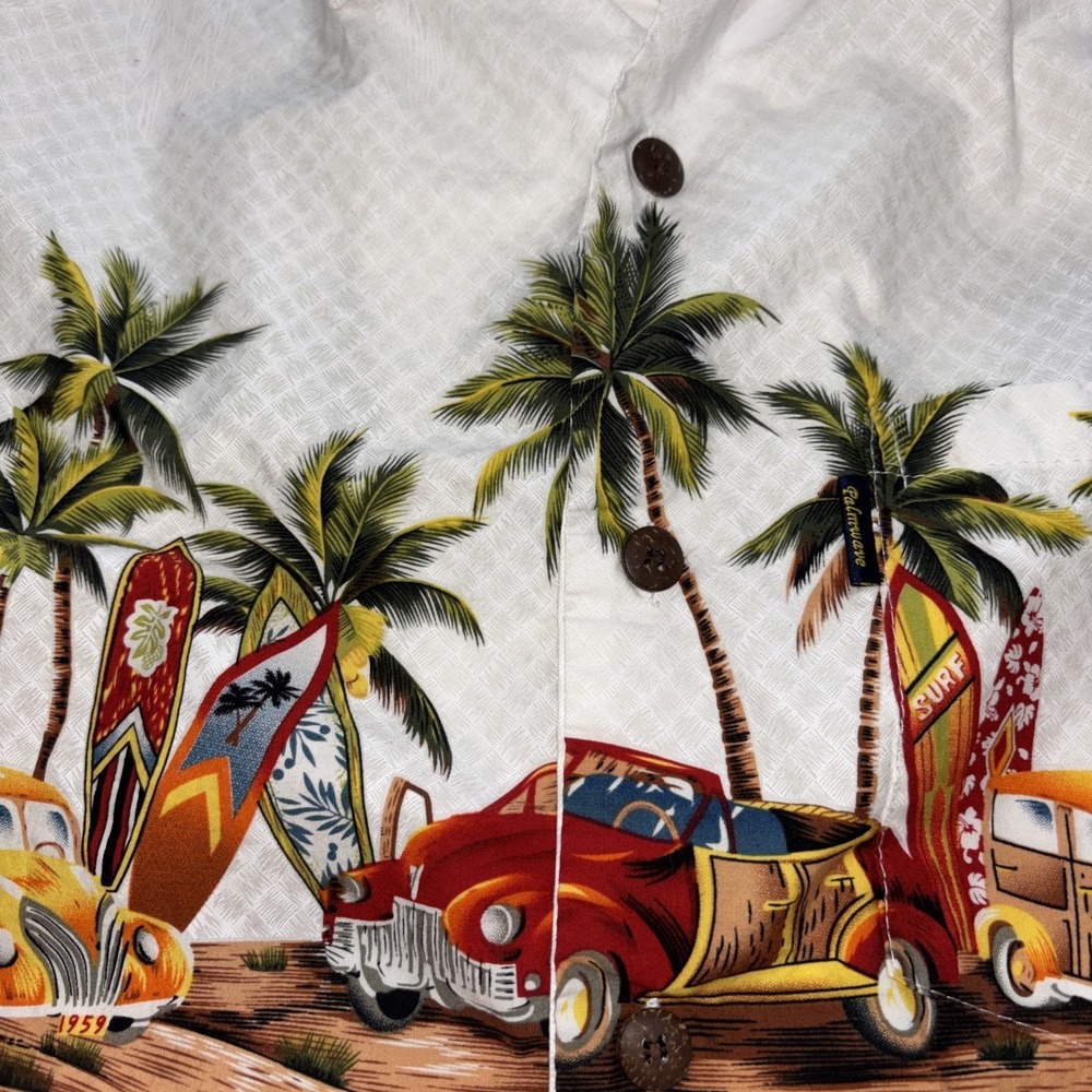 Palmwave Hawaiian Shirt Mens Size L Cotton Surf‎ Boards Palm Trees Quirky - Picture 3 of 10
